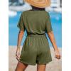 CUPSHE Women’s Romper Woven Ribbed V Neck Short Sleeves Straight leg Outfit Casual Dressy(Green)