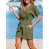CUPSHE Women’s Romper Woven Ribbed V Neck Short Sleeves Straight leg Outfit Casual Dressy(Green)