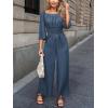 CUPSHE Women’s Romper Woven Square Neck 3/4 Sleeves Smocked Waist Straight Leg Jumpsuit Outfit Casual(Navy)