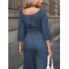 CUPSHE Women’s Romper Woven Square Neck 3/4 Sleeves Smocked Waist Straight Leg Jumpsuit Outfit Casual(Navy)