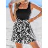 CUPSHE Women’s Romper Woven Square neckline Sleeveless Paperbag waist Straight leg Outfit Casual Dressy(Black Leaves)