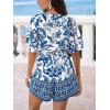 CUPSHE Women’s Romper Woven Surplice neckline Short sleeves Waist tie Wide leg Outfit Casual Dressy(Blue)