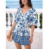 CUPSHE Women’s Romper Woven Surplice neckline Short sleeves Waist tie Wide leg Outfit Casual Dressy(Blue)