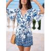 CUPSHE Women’s Romper Woven Surplice neckline Short sleeves Waist tie Wide leg Outfit Casual Dressy(Blue)