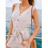 CUPSHE Women’s Romper Woven V Neck Sleeveless Waist Tie Wide Leg Stripes Belted Jumpsuit Outfit Casual Dressy(Apricot)