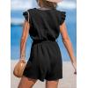 CUPSHE Women’s Rompers V Neck Flutter Sleeve Wide Leg Overall Waist Tie Outfit Casual Beach(Black)