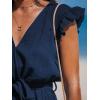 CUPSHE Women’s Rompers V Neck Flutter Sleeve Wide Leg Overall Waist Tie Outfit Casual Beach(Dark Blue)