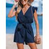 CUPSHE Women’s Rompers V Neck Flutter Sleeve Wide Leg Overall Waist Tie Outfit Casual Beach(Dark Blue)