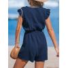 CUPSHE Women’s Rompers V Neck Flutter Sleeve Wide Leg Overall Waist Tie Outfit Casual Beach(Dark Blue)