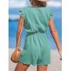 CUPSHE Women’s Rompers V Neck Flutter Sleeve Wide Leg Overall Waist Tie Outfit Casual Beach(Green)