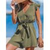 CUPSHE Women’s Rompers V Neck Flutter Sleeve Wide Leg Overall Waist Tie Outfit Casual Beach(Green-olive)
