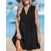 CUPSHE Women’s Ruffle Beach Mini Dress Split V Neck A Line Sleeveless Geometric Stripe Tropical Leaf Pattern Summer Dresses(Black)
