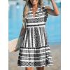 CUPSHE Women’s Ruffle Beach Mini Dress Split V Neck A Line Sleeveless Geometric Stripe Tropical Leaf Pattern Summer Dresses(Black Geometric)