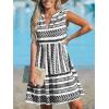 CUPSHE Women’s Ruffle Beach Mini Dress Split V Neck A Line Sleeveless Geometric Stripe Tropical Leaf Pattern Summer Dresses(Black Geometric)