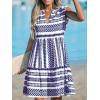 CUPSHE Women’s Ruffle Beach Mini Dress Split V Neck A Line Sleeveless Geometric Stripe Tropical Leaf Pattern Summer Dresses(Blue Geometric)
