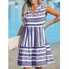 CUPSHE Women’s Ruffle Beach Mini Dress Split V Neck A Line Sleeveless Geometric Stripe Tropical Leaf Pattern Summer Dresses(Blue Geometric)