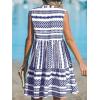 CUPSHE Women’s Ruffle Beach Mini Dress Split V Neck A Line Sleeveless Geometric Stripe Tropical Leaf Pattern Summer Dresses(Blue Geometric)