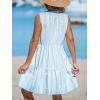 CUPSHE Women’s Ruffle Beach Mini Dress Split V Neck A Line Sleeveless Geometric Stripe Tropical Leaf Pattern Summer Dresses(Blue Striped)