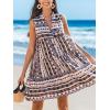CUPSHE Women’s Ruffle Beach Mini Dress Split V Neck A Line Sleeveless Geometric Stripe Tropical Leaf Pattern Summer Dresses(Brown Blue Geo)