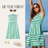 CUPSHE Women’s Ruffle Beach Mini Dress Split V Neck A Line Sleeveless Geometric Stripe Tropical Leaf Pattern Summer Dresses(Green Geometric)