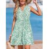 CUPSHE Women’s Ruffle Beach Mini Dress Split V Neck A Line Sleeveless Geometric Stripe Tropical Leaf Pattern Summer Dresses(Green Patterned)