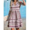CUPSHE Women’s Ruffle Beach Mini Dress Split V Neck A Line Sleeveless Geometric Stripe Tropical Leaf Pattern Summer Dresses(Red Geometric)