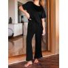 CUPSHE Womens Satin Silk Pajama Set Soft Pjs Sleepwear Short Sleeve Top with Long Pajama Pant Set(B-black)
