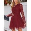 CUPSHE Women’s Sheer Insert Scallop Trim Lace Coaktail Dress Long Sleeve Flared A-Line Mini Dresses(Burgundy)