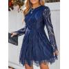 CUPSHE Women’s Sheer Insert Scallop Trim Lace Coaktail Dress Long Sleeve Flared A-Line Mini Dresses(Navy)