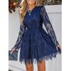 CUPSHE Women’s Sheer Insert Scallop Trim Lace Coaktail Dress Long Sleeve Flared A-Line Mini Dresses(Navy)