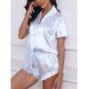 CUPSHE Womens Silk Pajamas Set Satin Short Sleeve Sleepwear Button Up Pjs Shorts Set(Blue & White)