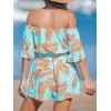 CUPSHE Women’s Summer Floral Jumpsuits Off Shoulder Half Sleeves Waist Tie Wide Leg 2025 Beach Vacation Outfits with Pockets(Green)