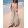 CUPSHE Women’s Summer Jumpsuit Plunging Halter Sleeveless Striped Casual Dressy Outfit Wide Leg Pockets Maxi Overall(Apricot)