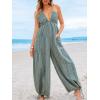 CUPSHE Women’s Summer Jumpsuit Plunging Halter Sleeveless Striped Casual Dressy Outfit Wide Leg Pockets Maxi Overall(Blue-green)
