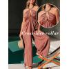 CUPSHE Women’s Summer Jumpsuit Plunging Halter Sleeveless Striped Casual Dressy Outfit Wide Leg Pockets Maxi Overall(Brown)