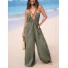 CUPSHE Women’s Summer Jumpsuit Plunging Halter Sleeveless Striped Casual Dressy Outfit Wide Leg Pockets Maxi Overall(Dusty Green)