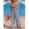 CUPSHE Women’s Summer Jumpsuit Short Sleeve V Neck Self Tie Tropical Floral Wide Leg Beach Vacation Romper(Blue)