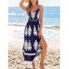 CUPSHE Women’s Summer Maxi Dress V Neck Paisley Slit Cami Long Dress Beach Sundress(Navy Blue)