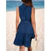 CUPSHE Women’s Summer Mini Dress Tie Waist Belted Sleeveless Ruffled Round Neck A Line Swing Short Dress(Navy Blue)