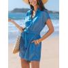 CUPSHE Women’s Summer Short Sleeves Jumpsuit Collared Neckline Button front Waist Tie Straight Leg Beach Romper(Blue)