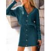 CUPSHE Women’s Sweater Dress Long Sleeve V Neck Knit Mini Dress Elegant Slim Fit Casual Fall Dress(Teal)