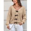 CUPSHE Womens Sweaters Bow Sweater Neck Casual Long Sleeve Lightweight Crochet Pullover Sweater Tops(Khaki)