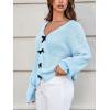 CUPSHE Womens Sweaters Bow Sweater Neck Casual Long Sleeve Lightweight Crochet Pullover Sweater Tops(Light Blue)