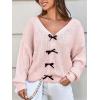 CUPSHE Womens Sweaters Bow Sweater Neck Casual Long Sleeve Lightweight Crochet Pullover Sweater Tops(Pink)