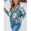 CUPSHE Womens Sweaters Long Sleeve Fall Sweater Trendy 2025 Floral V Neck Jumper Tops(Blue)