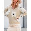CUPSHE Womens Sweaters Long Sleeve Fall Sweater Trendy 2025 Floral V Neck Jumper Tops(Khaki)