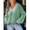 CUPSHE Womens Sweaters Oversized Sweater Loose Fit Long Sleeve Sweater V Neck Striped Pullover Sweater Tops(Green & White Stripe)