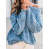 CUPSHE Womens Sweaters Rainbow Pom Casual Long Sleeve Ribbed Knit Pullover Sweater Tops(Blue)