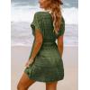 CUPSHE Women’s Swim Cover Up Dress V Neck Textured Striped Short Sleeve Cover Ups Casual Beach Summer(Army Green)