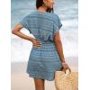 CUPSHE Women’s Swim Cover Up Dress V Neck Textured Striped Short Sleeve Cover Ups Casual Beach Summer(Baby Blue)